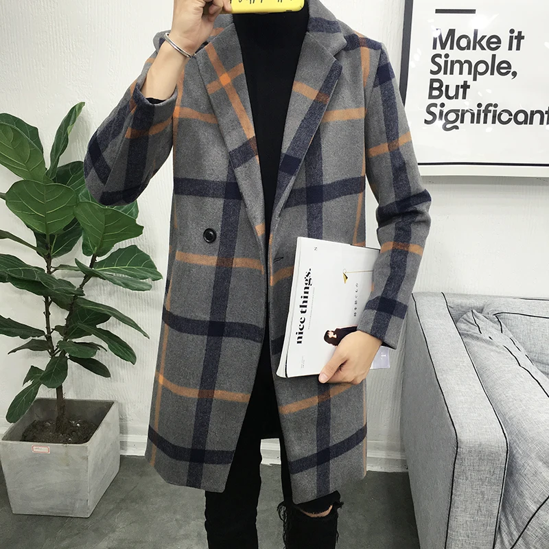 Осень-Весна Длинные Плед Плюс sizeM-5XL мужская Мода Пальто Добавить шерсть Мужской