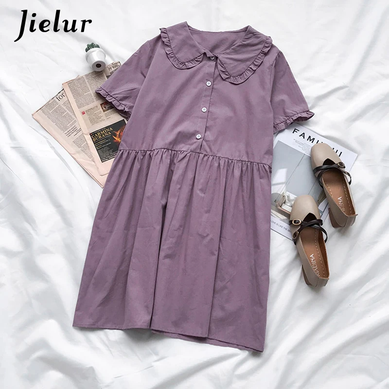 Jielur 2019 Summer Dress Women Single-breasted Pure Color Vintage Dresses Female Sweet Cute Girls Loose Purple Yellow Vestidos | Женская
