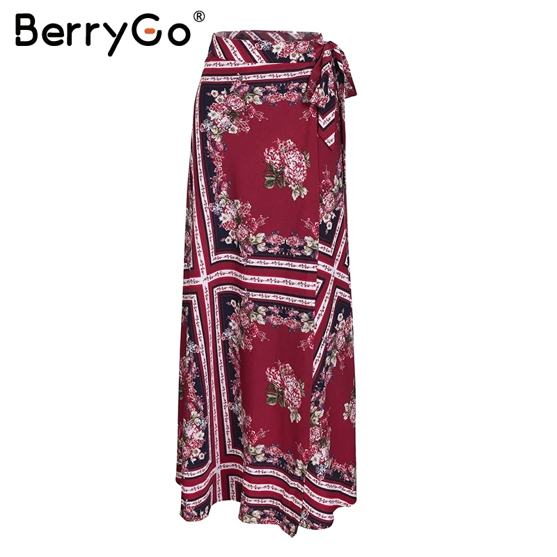 Print BerryGo, Женская юбка с геометрическим принтом, длинная, Пляжная, бохо, повседневная, макси юбка, лето, весна, пояс с высокой талией, завязывается, юбка с запахом - Цвет: Print