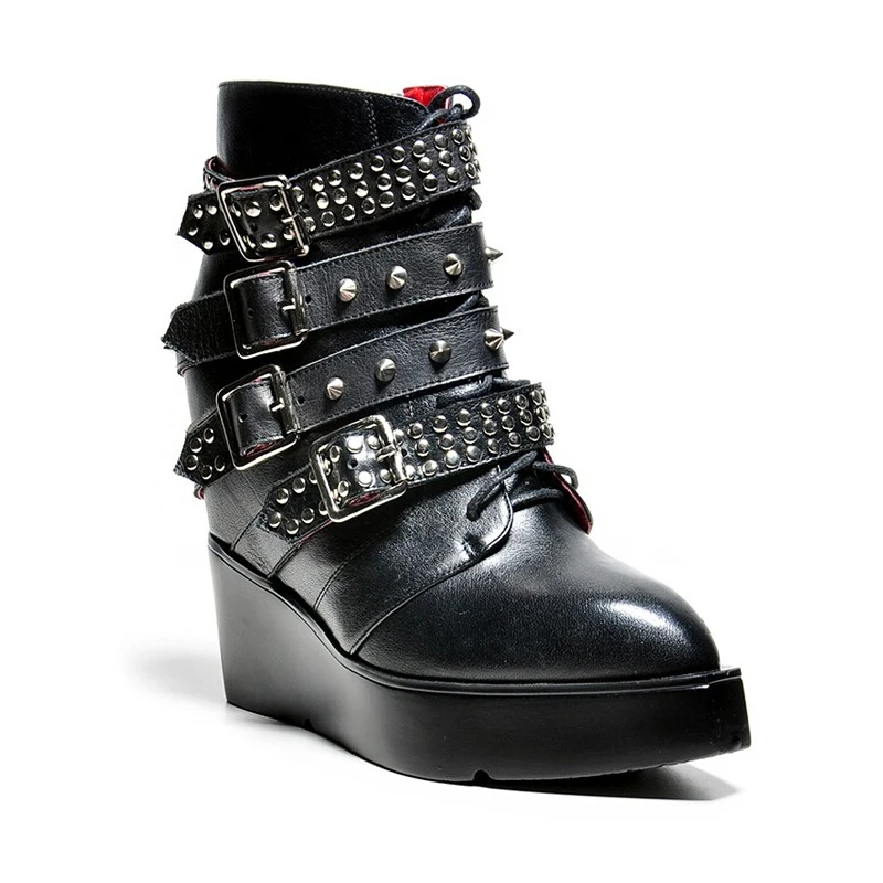 Плюс Размер Лодыжки Осенние Клин Ботинки Женщин Заклепки Полный Зерна Кожи