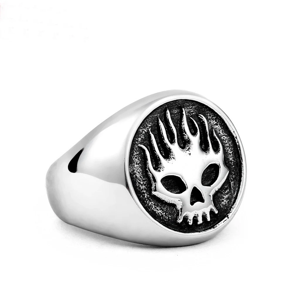Панк Готическая титановая сталь Ghostly Fire Skull кольца серебряного цвета байкерское