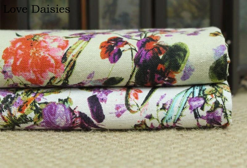 Cotton/Linen Textile WHITE BEIGE Green Garden Purple Pink Red Flower Buttefly Fabrics for Tablecloth Curtain Apparel Dress Craft | Дом и сад