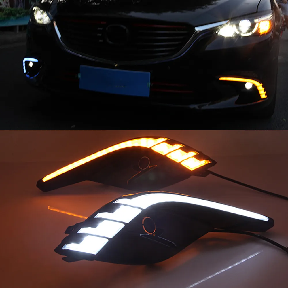 Автомобильные мигающие 2 шт. DRL для Mazda 6, мазда 6, Atenza,,, светодиодный дневные ходовые огни, дневной свет с желтым указателем поворота