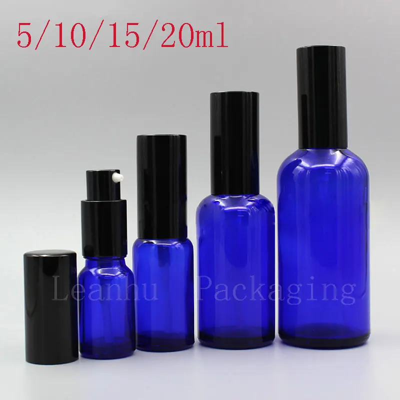 Empty Blue Glass Essential oil Bottle With Black Lotion Cream Pump, Easy To Carry Emulsion, Essence Cosmetics Packaging Container