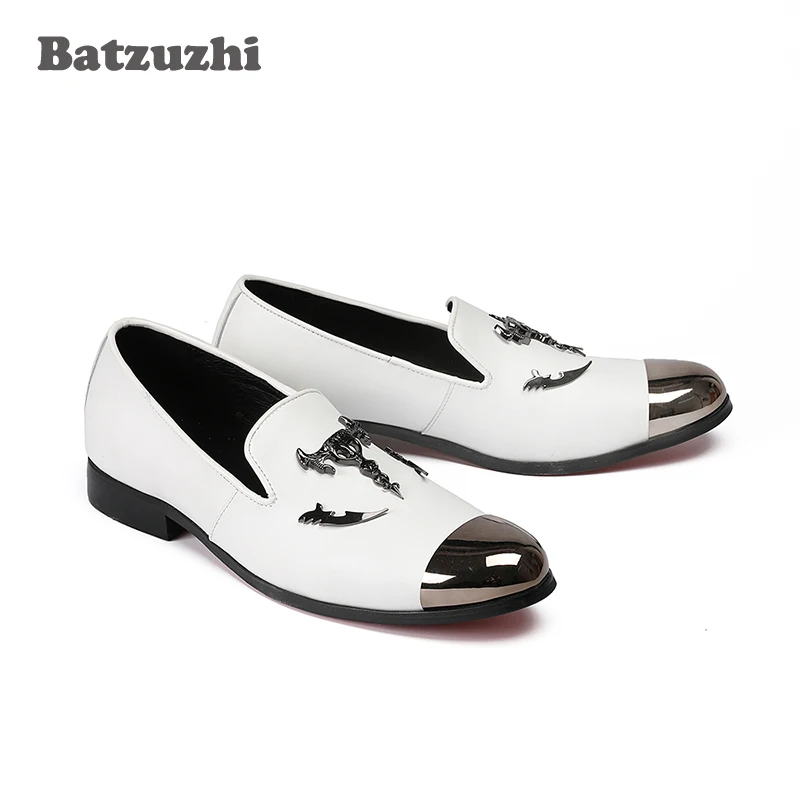 Italian Luxury Men Shoes Silver Top and Metal Toe Men's Dress Genuine Leather White Wedding Flats US12 EU46 | Обувь