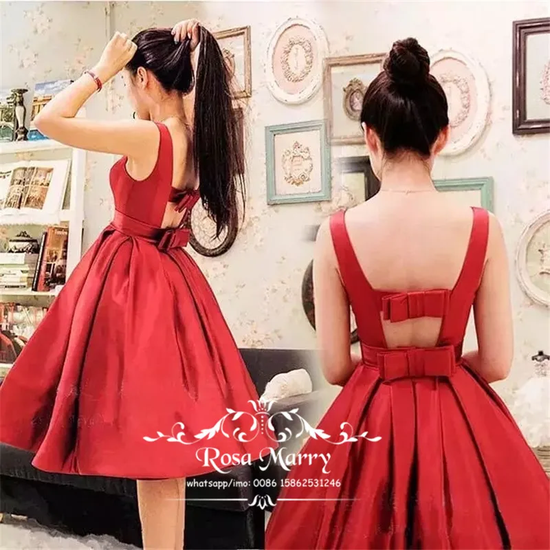 

1950s Retro Red Short Prom Dresses 2020 A Line Tea Length Plus Size Cheap Satin Simple Party Gowns with Pockets