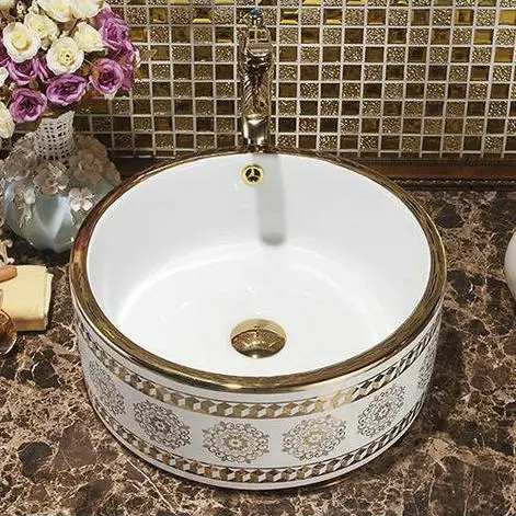 Золотой стеклянный порошок с рисунком столешница круглая керамическая раковина