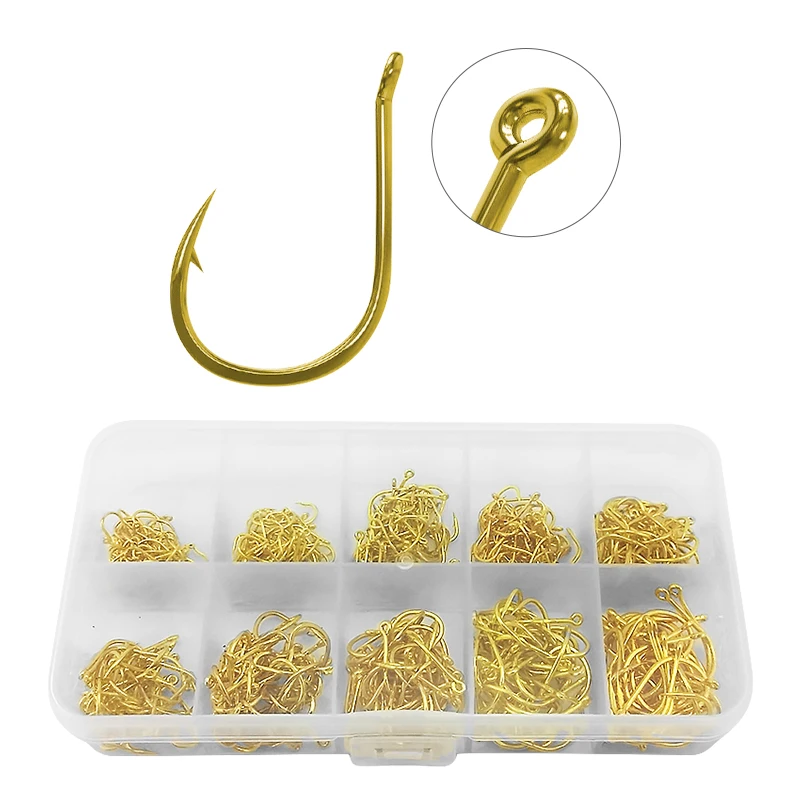 500Pcs Iseama Barbed Fishing Hooks Black Gold Lot Circle High Carbon Steel Sharpened Bait Tackle Strong Fishhook Box | Спорт и