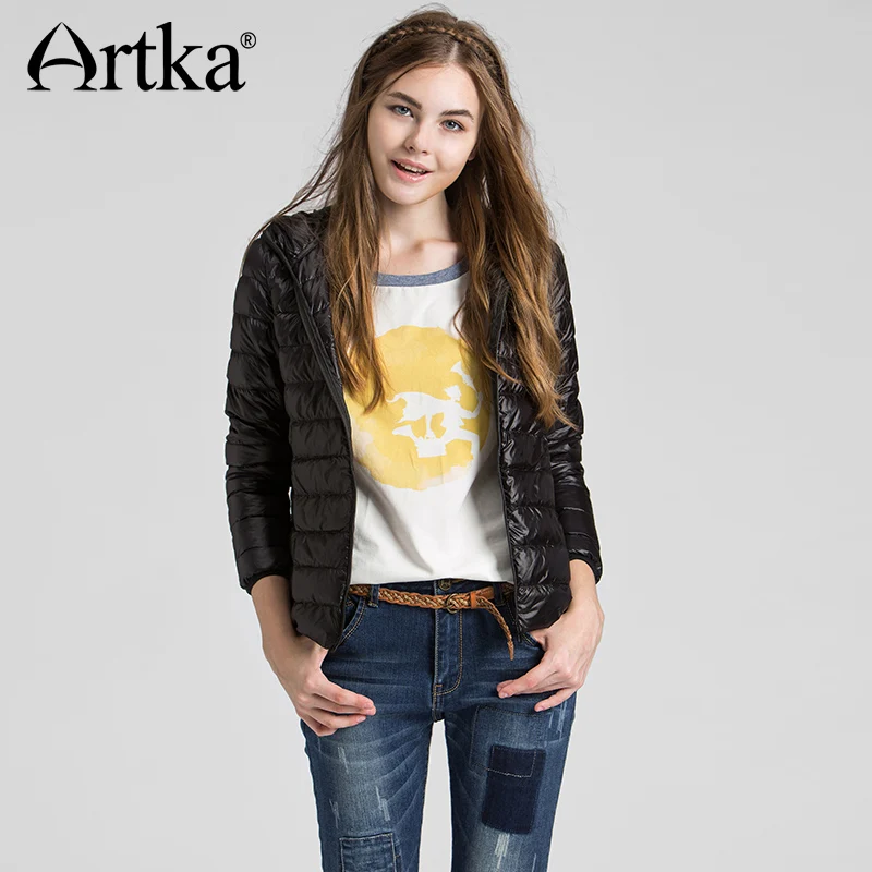 ARTKA, осень и зима, ультра-светильник, короткий женский пуховик, 90% белый утиный пух, женское тонкое пальто с капюшоном DK11262D
