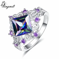 lingmei wedding princess cut rainbow blue white purple cubic zircon silver color jewelryring size 6 9 engagement