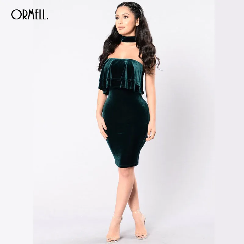 Ormell бархат с открытыми плечами Bodycon платье Раффлед Элегантный плеча короткое