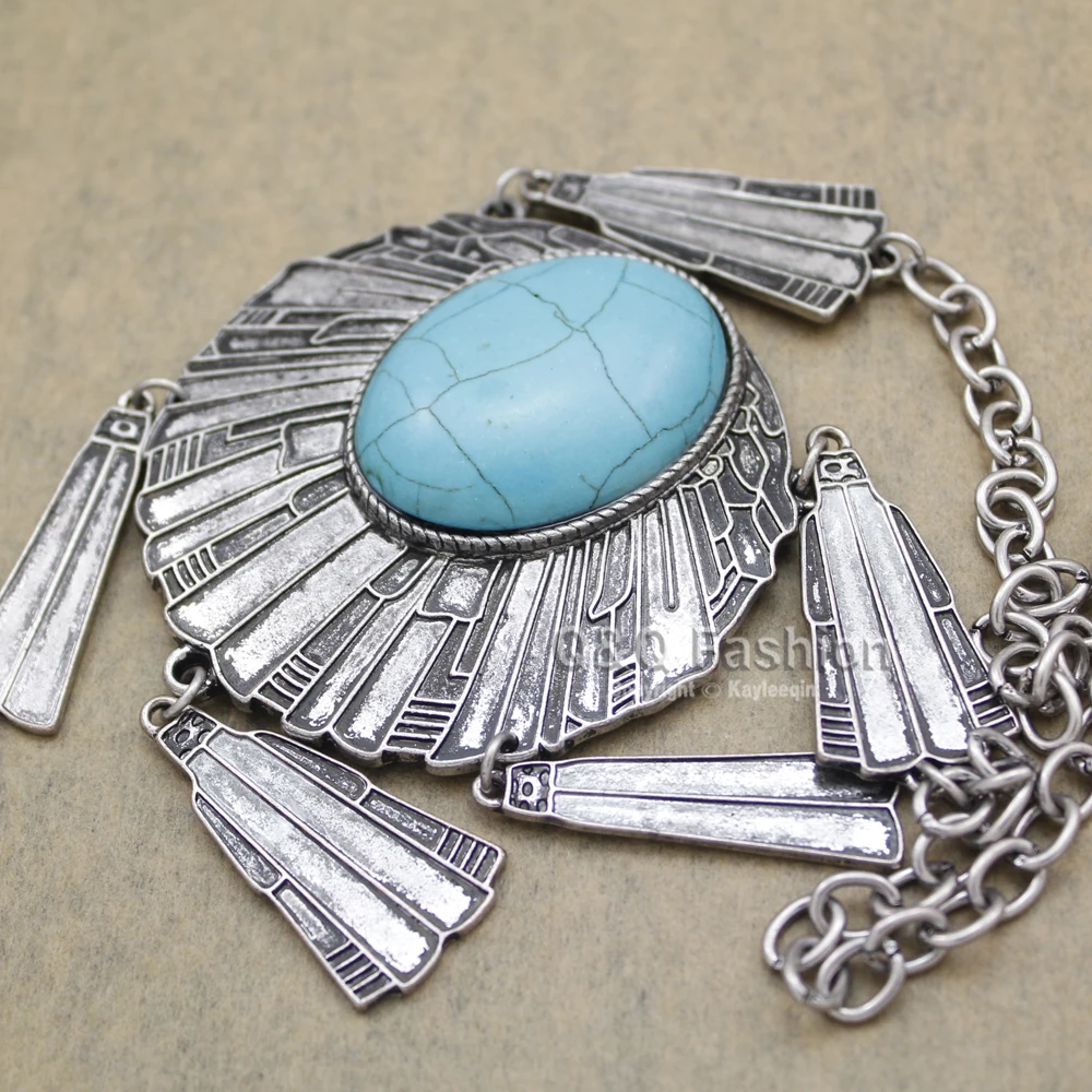 Vintage Silver Plated Dream Catcher Big Blue Stone Pendant Dome Chain Bib Necklace Turkey | Украшения и аксессуары
