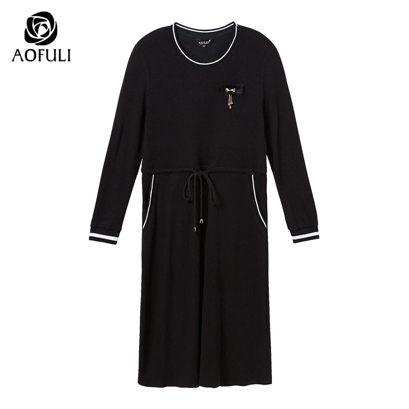 Женское трикотажное платье AOFULI B6213 с длинным рукавом и кулиской большого размера