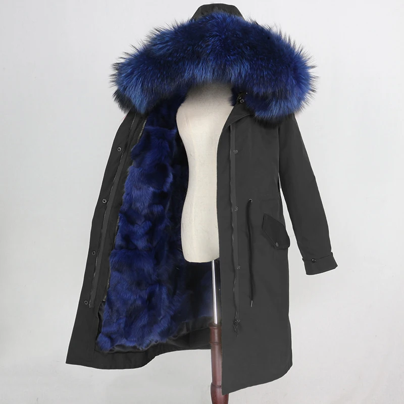 black light blue OFTBUY X-long водонепроницаемая верхняя одежда, парка из натурального меха, пальто из натурального Лисьего меха, зимняя куртка для женщин, капюшон из меха енота, теплая Съемная Новинка - Цвет: black light blue