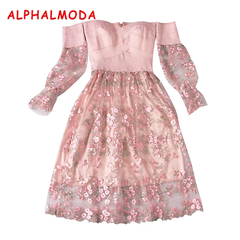 Женское платье без бретелек ALPHALMODA кружевное с длинными рукавами фонариками