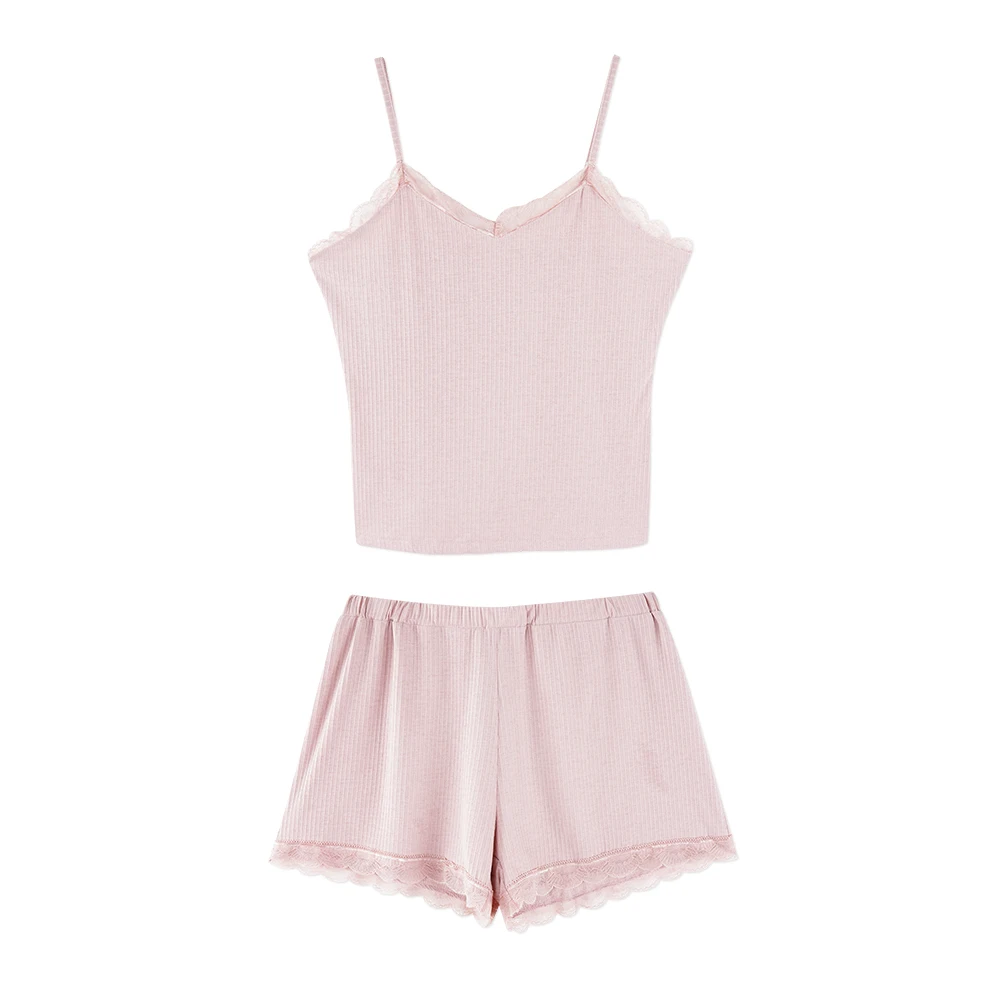 

Neatie kiddie Pink Summer Women Pajama sets V-neck Sleeveless Lace Patchwork Camis Tops Shorts 2019 2 two Pieces Home Clothes