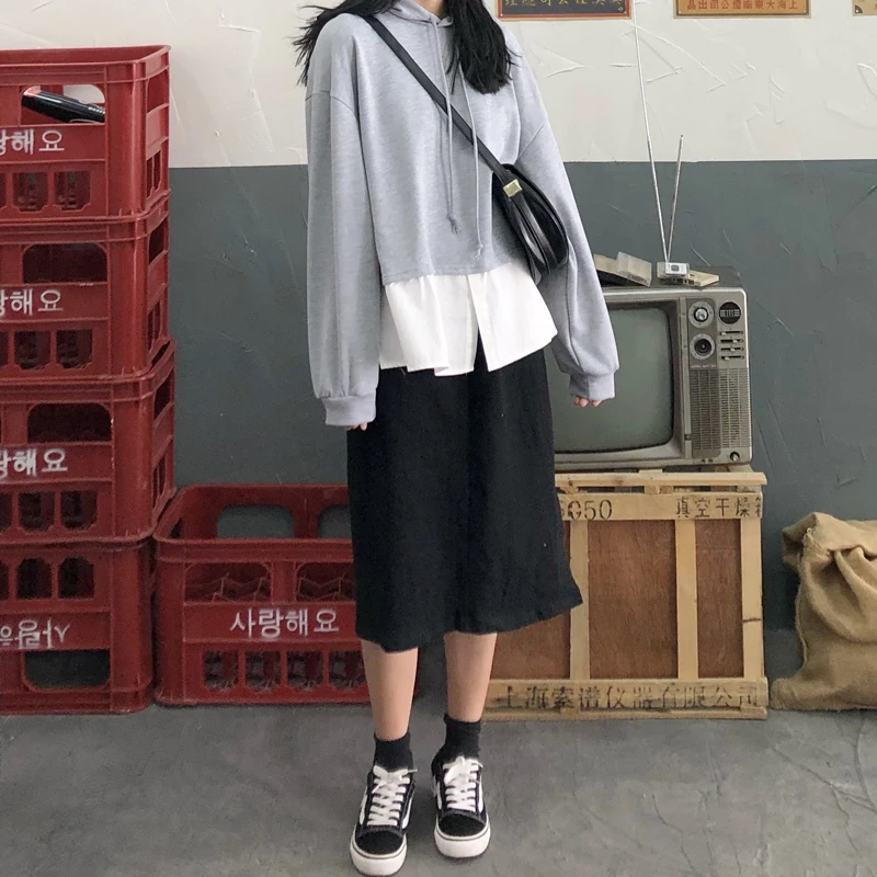 3 colors autumn korean style long sleeve sweatshirts womens faux two pieces hoodies (C6266) | Женская одежда