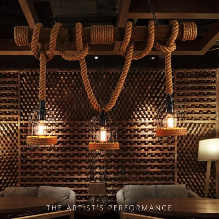 Pearmon Loft Vintage Rural Pendant Light Hemp Rope Bamboo Iron Cage Lamp Hand Knitted Lighting Fixture Restaurant Dining | Лампы и
