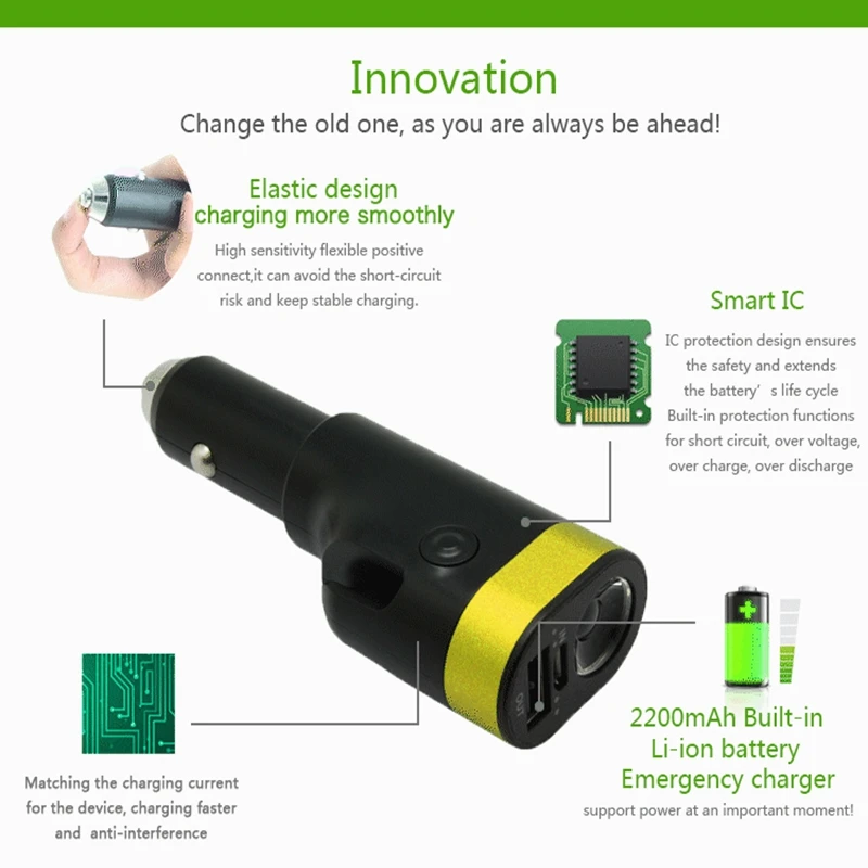 1 шт. черное многофункциональное автомобильное зарядное устройство с USB-портом