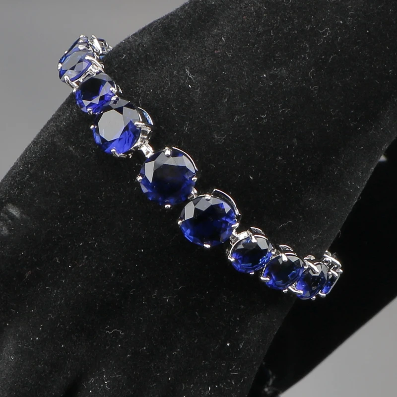 Женский браслет Круглый из стерлингового серебра с синим кубическим цирконием