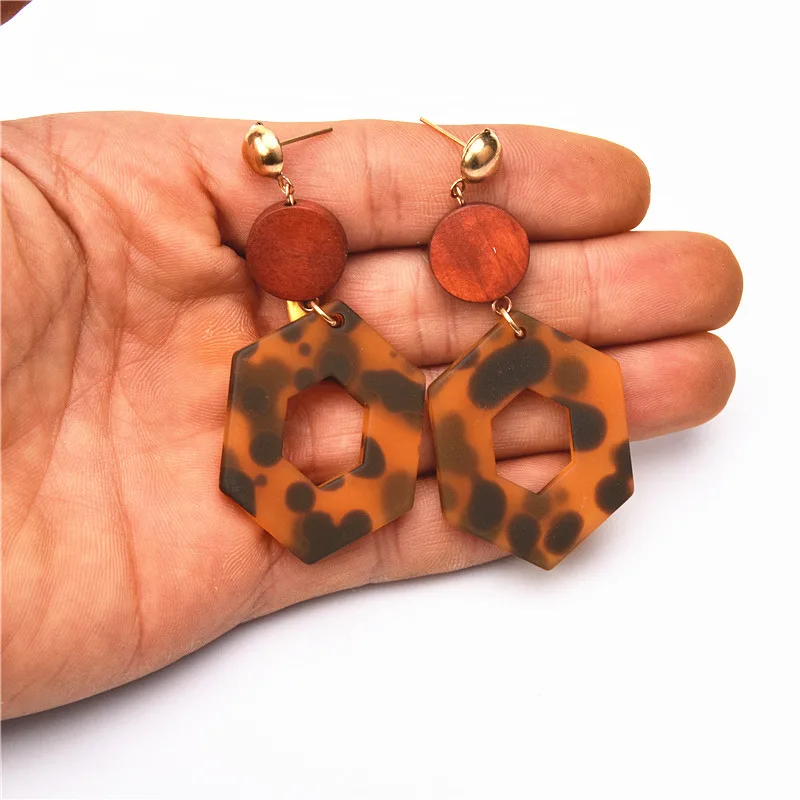 Серьги женские круглые деревянные длинные геометрические шестиугольные из