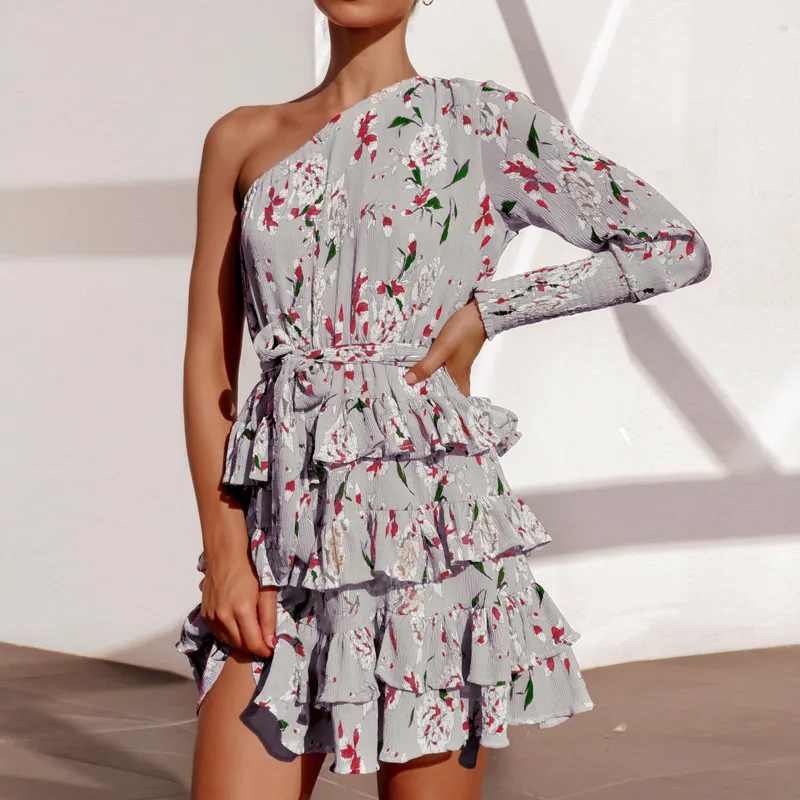 

One Shoulder Chiffon Floral Print Mini Party Dress Women Sexy Long Sleeve Ruffles Cake Dresses Lady Boho Dress Elegant Vestidos