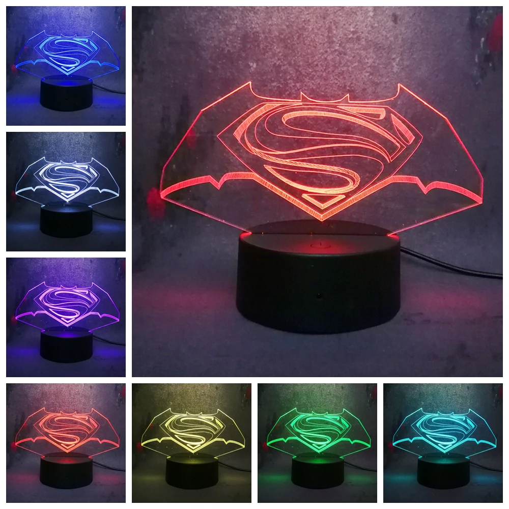 Новый крутой 3D ночник с логотипом Бэтмена Супермена светодиодная 7 цветов
