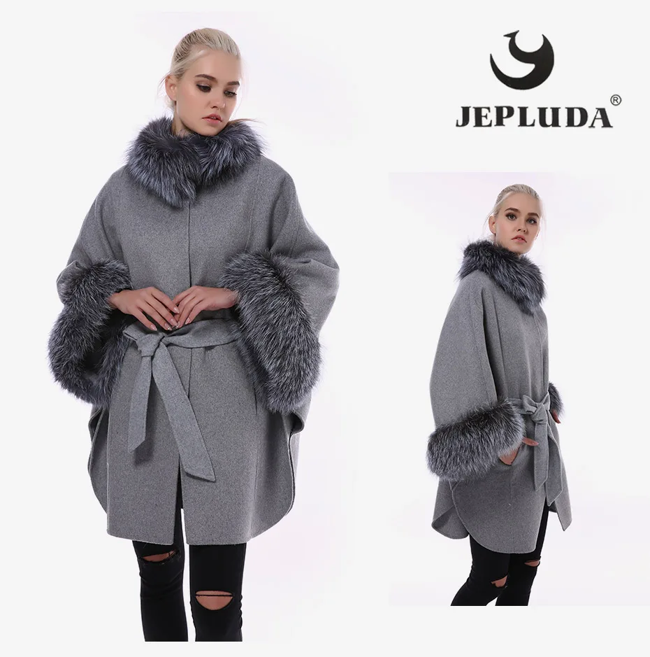 JEPLUDA Женское Пальто Натуральный Мех Лиса Pоскошный Меховой Воротник и Рукава Plus Size Свободные Стиль Кашемировая Куртка Женская с Натуральным Мехом Высокое Содержание Щерсть Пальто Женское Зимнее Большой Pазмер