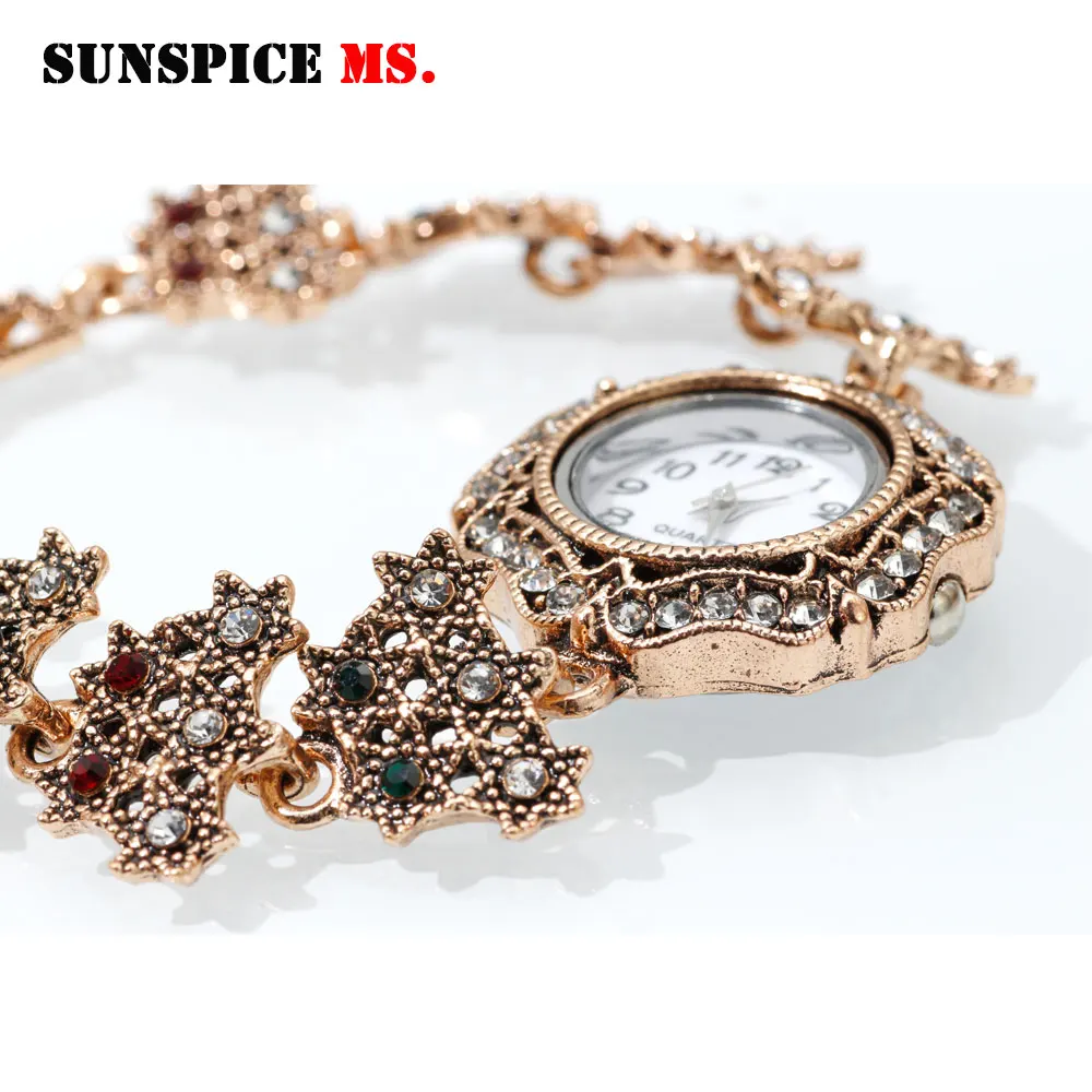 SUNSPICE MS Новый Ретро Браслет золотого цвета с кристаллами наручные часы для женщин