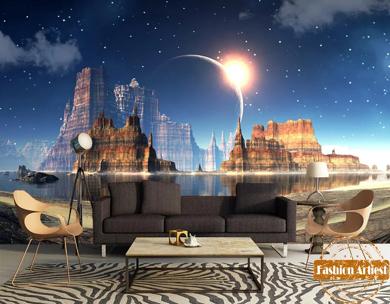 

Пользовательские рок горы луна ночь обои росписи фантазия Мечта Замок на воде ТВ диван спальня кафе бар гостиная ресторан