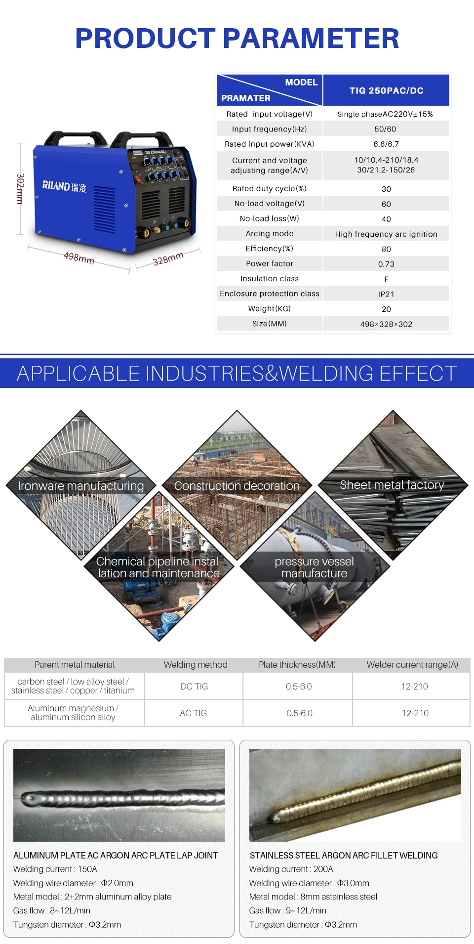 RILAND однофазный 220V AC/DC импульсный аппарат аргоновой дуговой сварки TIG 250PAC/DC Многофункциональный TIG сварочный аппарат