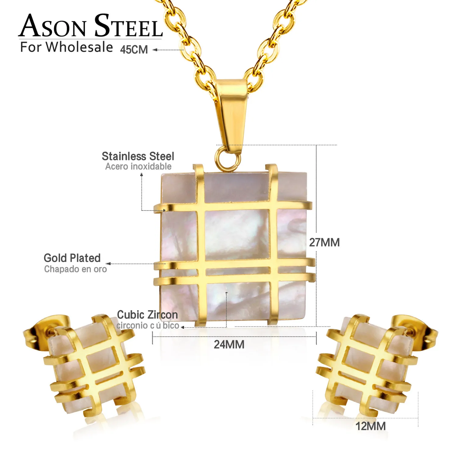 ASONSTEEL квадратная Подвеска из нержавеющей стали 316L золотые свадебные комплекты ювелирных изделий для женщин