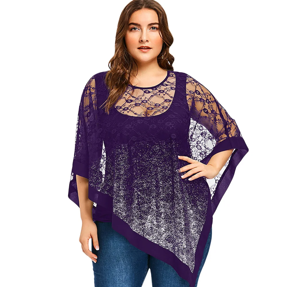Wipalo Women Fashions Plus Size 5XL Sheer Asymmetric Lace Overlay Blouse 2019 Summer Three Quarter O Neck Tunic Tops Blusas|Блузки| |