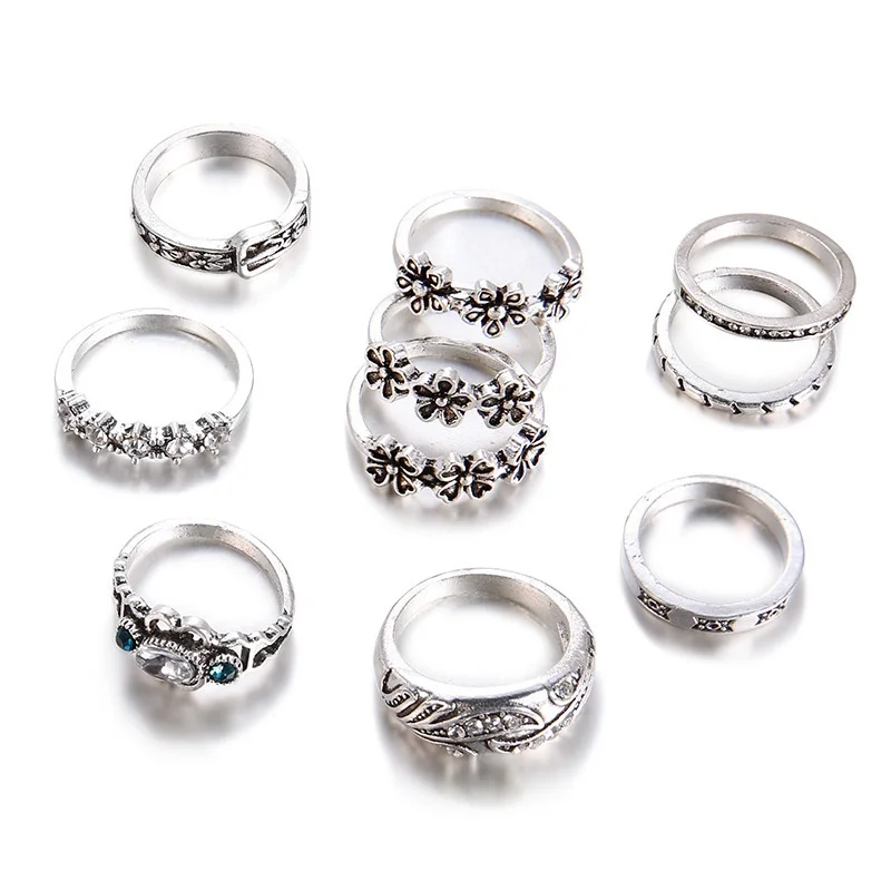 10 pieces / set of bohemian beach retro flower pattern lotus wave gems geometric crystal ring ladies charm accessories | Украшения и