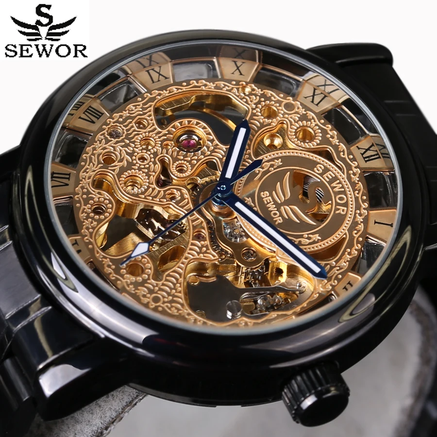 

Top Brand Luxury Automatic Mechanical Watch Skeleton Clock Retro pattern carving Black stainless steel Strap Sports Men Watches