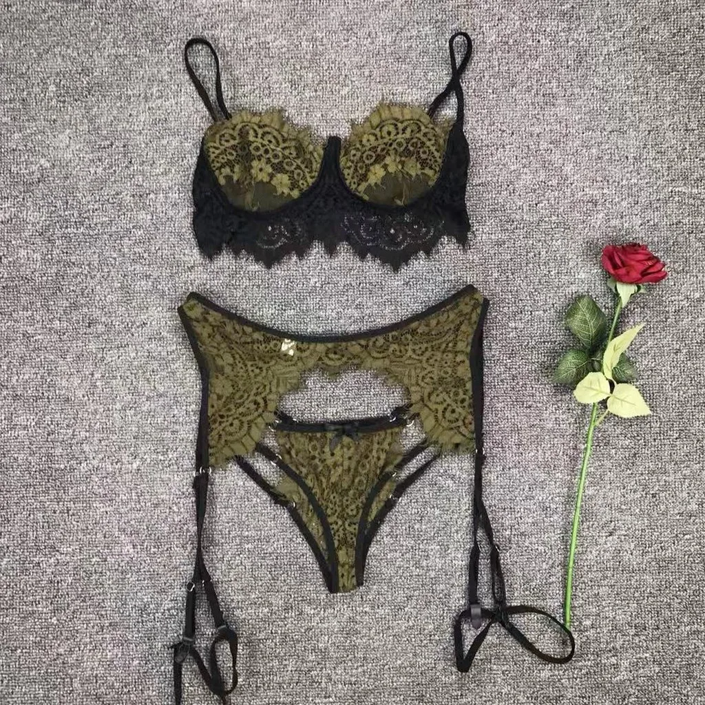 

Sexy Style Bra Panty Garter Set Lenceria Lace 3-Pc Women Underwear Babydoll Lingerie Straps Lingerie Femme Underwear Women Set