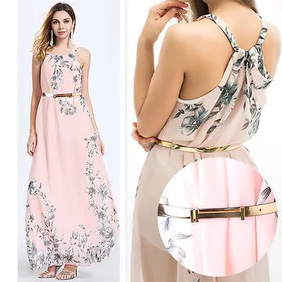 Женское длинное платье с принтом розовое макси в стиле бохо новинка 2017|summer chiffon