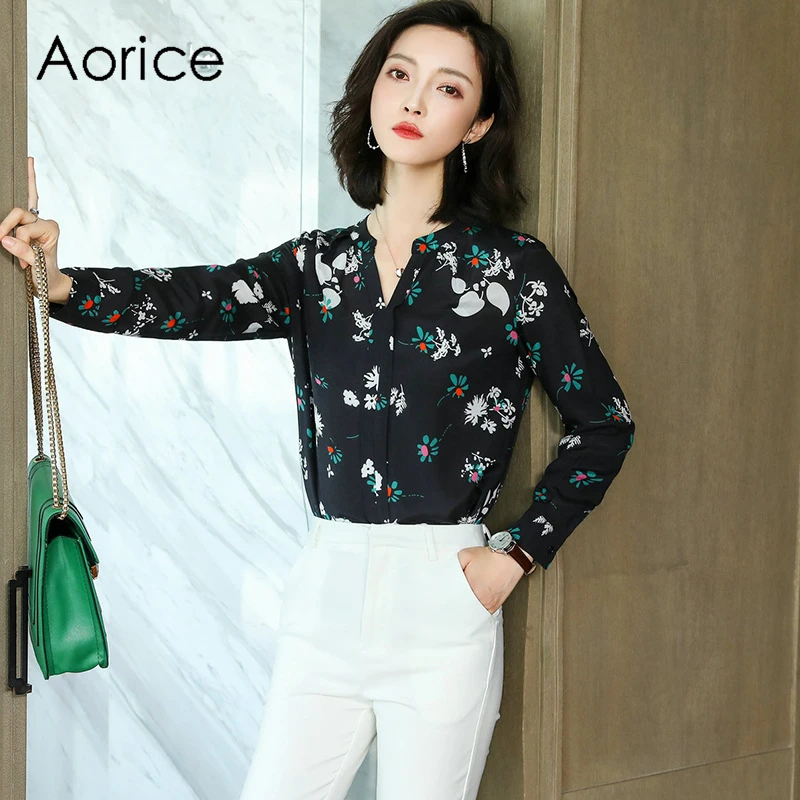 Aorice WP931 100% silk New women black printing V collar skirt front lady Age reduction floral print girl short dress |