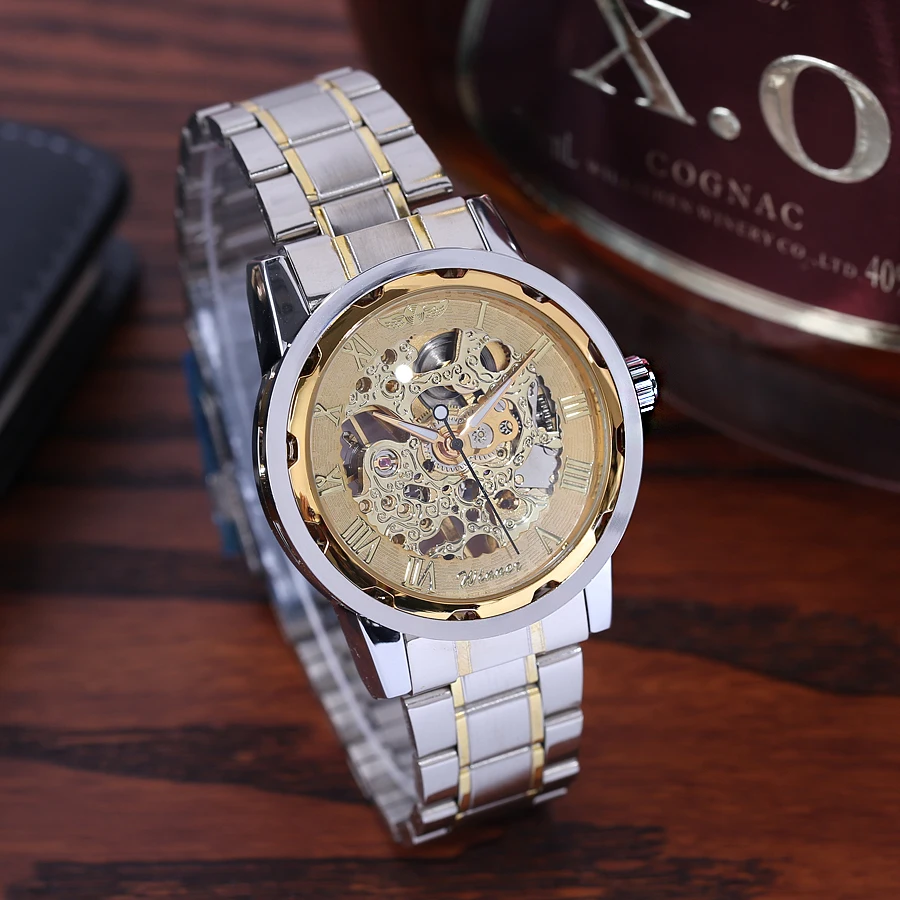 Механическая Скелет наручные часы прозрачные золотые Для мужчин Часы лучший