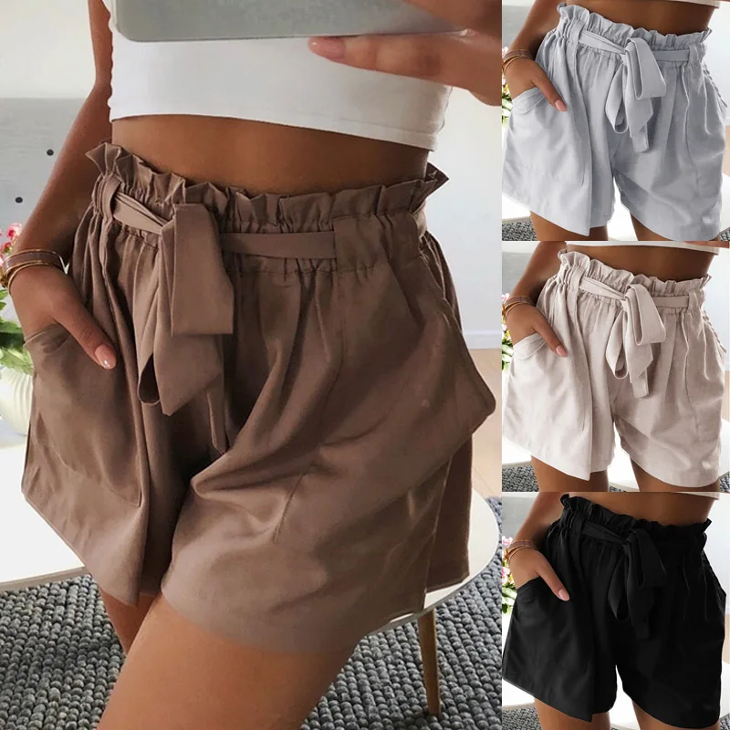 

Newly Summer Women Shorts High Waist Solid Color Tie Belt Pockets Ladies Girls Casual Shorts m99