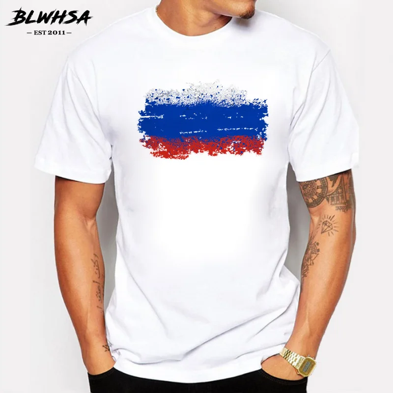 

BLWHSA Summer Casual Men T shirts Cotton Short Sleeve Nostalgia Russian National Flag Style T-shirts For Men Top&Tee