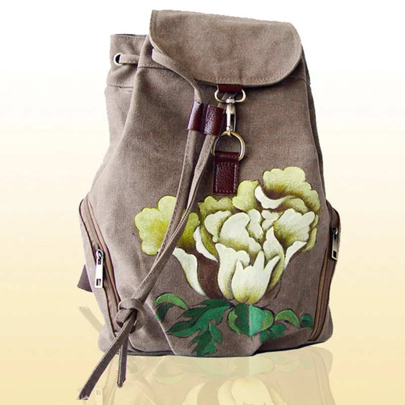 Женский холщовый рюкзак винтажный вместительный для ноутбука с цветочным