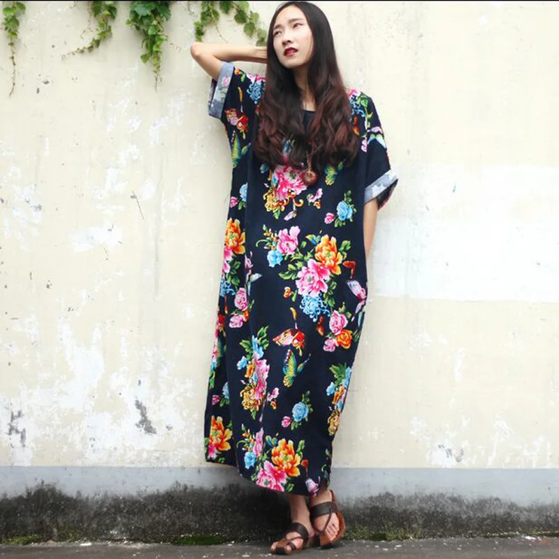 Women Summer Dress 2017 New Fashion Cotton Linen Vintage Flower Print Plus Size Loose | Женская одежда