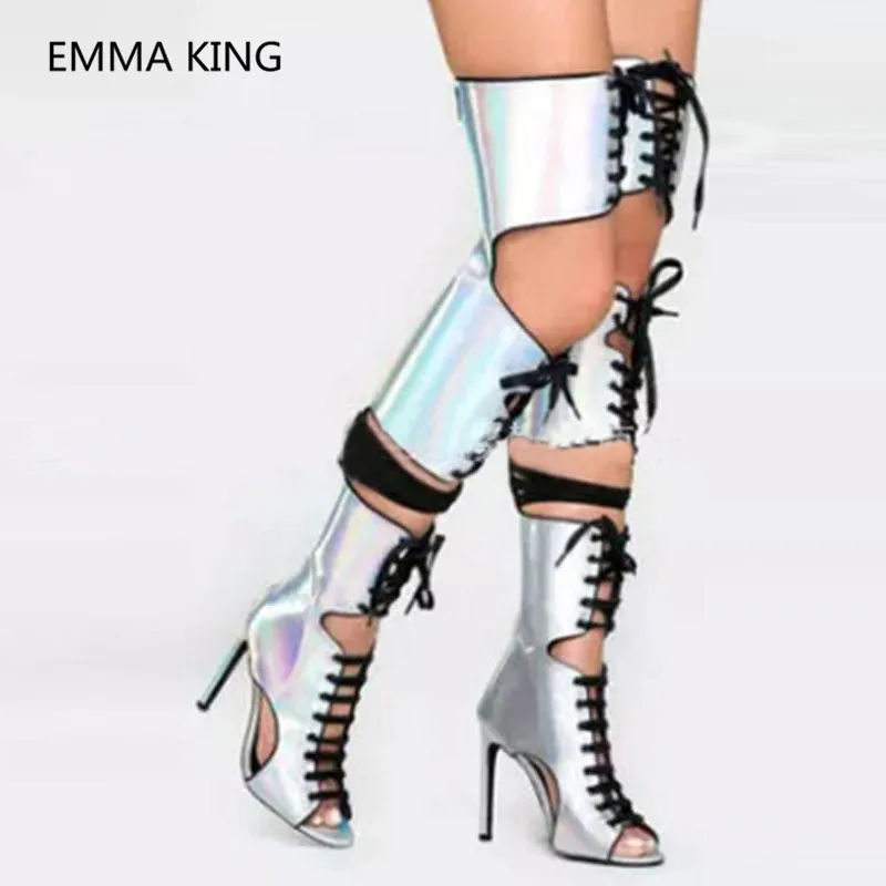 

2019 Runway New Women's Summer Over The Knee Boots Cut-Out Peep Toe Stiletto High Heels Shoes Woman Corr-Tied Gladiator Sandals