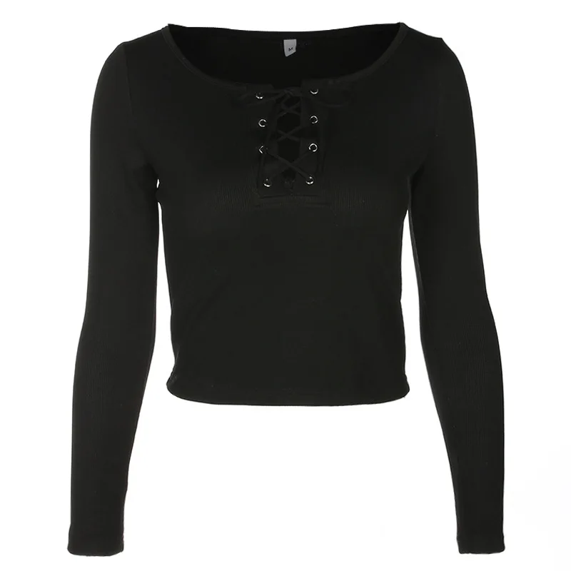 Sexy Lace Up Женщины укороченный Топ Футболка 2018 осень с длинным рукавом футболки