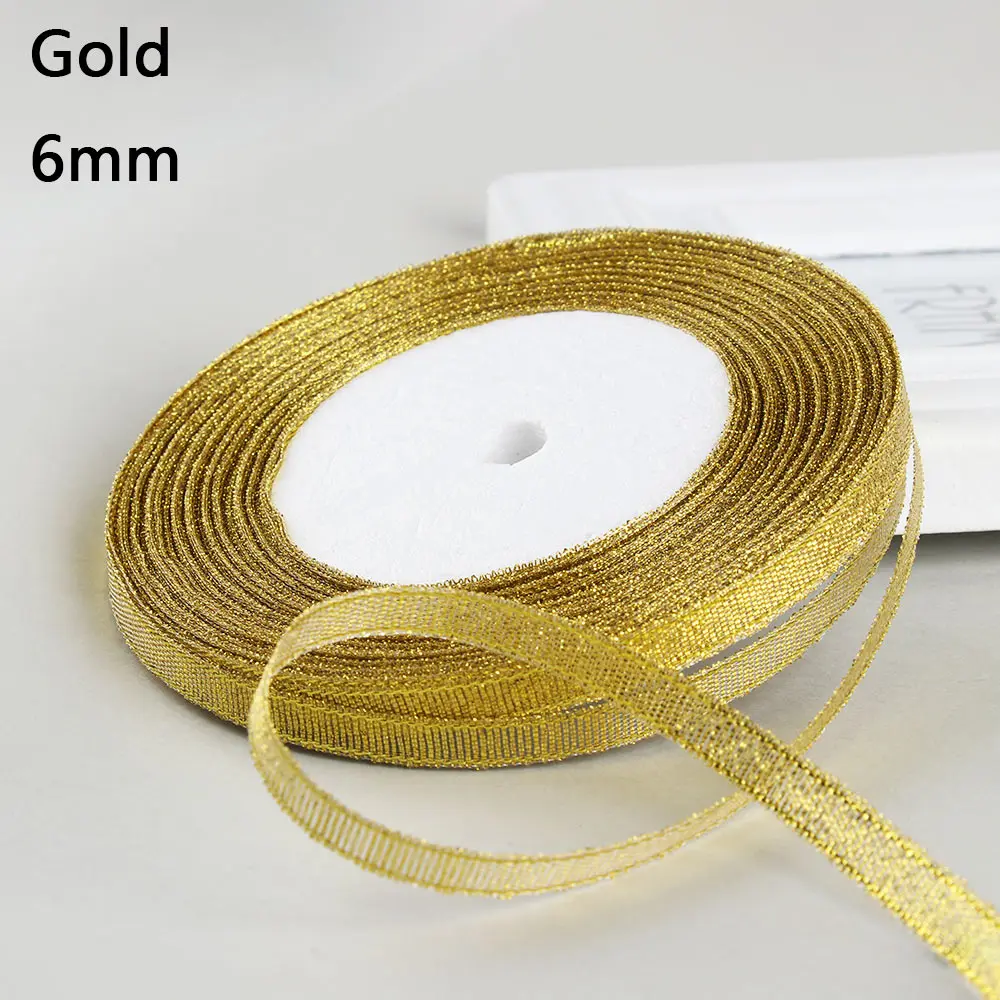 Gold 6mm 25 ярдов 6 мм/15 мм/25 мм Серебряная/Золотая шелковая атласная лента для заворачивания подарка Рождество год DIY Материал вечерние украшения для дома и свадьбы - Цвет: Gold 6mm