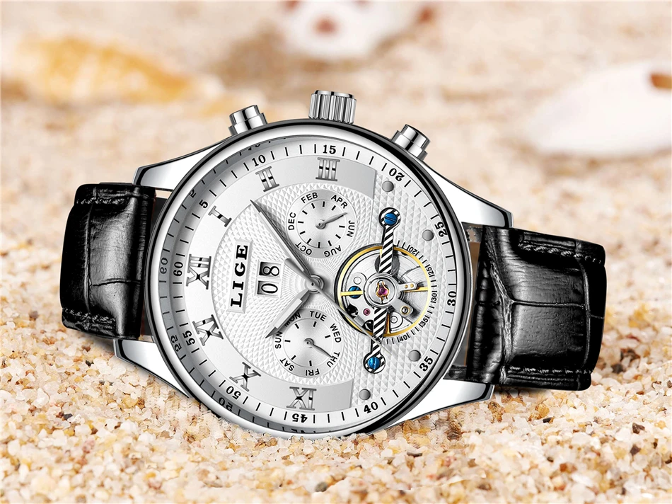 LIGE Fashion Sports Watch Men Business Leather Clock Mens Watches Top Brand Luxury Automatic Mechanical Watch Relogio Masculino