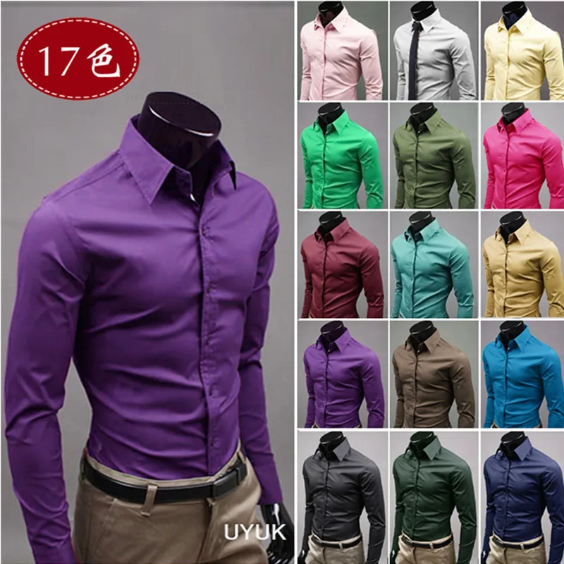 Мужская Повседневная рубашка с длинным рукавом однотонная деловая Облегающая