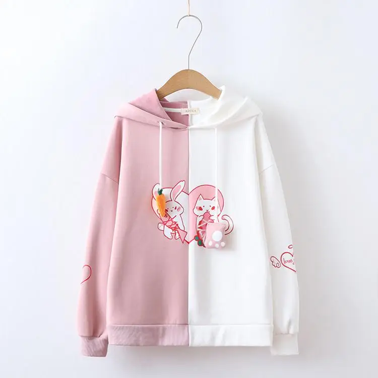 Женская толстовка Kawaii с заячьими ушками и милым кроличьим котом, милая Толстовка Harajuku, мягкий розовый пуловер с аниме для девочек, спортивная одежда 8446 - Цвет: Розовый