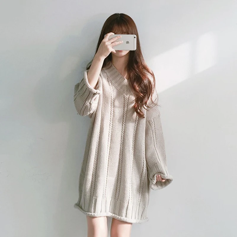 Women Long Sweater Dress Autumn/Winter New Sexy V-neck Loose Tops High Quality Soft Wild Pullover For Sweet Teen Girls 2019 Hot |